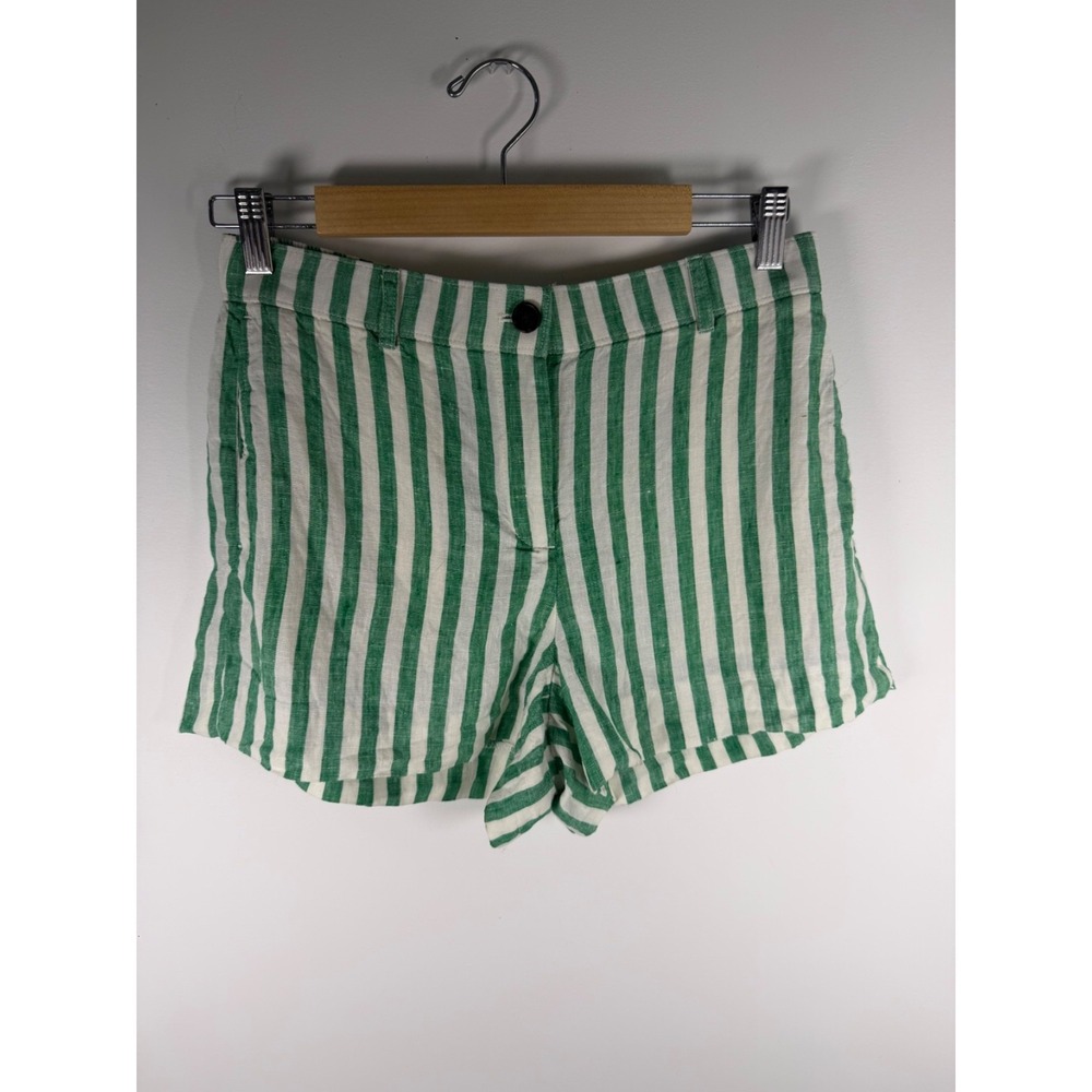 J. Crew Re-Imagined Women's Small 100% Linen Green White Stripe Shorts Preppy